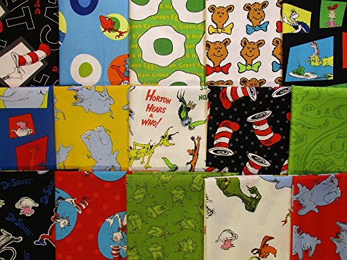 15 Fat Quarters Dr. Seuss 100% Cotton Quilt Fabric from Robert Kaufman Grinch Lorax Green Eggs Cat in the Hat Horton