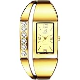 JewelryWe Bracelet Watches for Women: Ladies Gold Analog Quartz Diamond Novelty Square Elegant Crystal Roman Numeral Dial Adjustable Bangle Wristwatch Gift