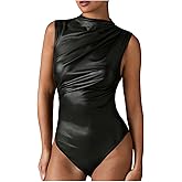 WDIRARA Women's Mock Neck PU Leather Bodysuit Ruched Sleeveless Tank Body Suit Tops Leotard