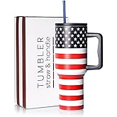 Purusha's Picks Tumbler with Lid and Straw, 40oz Stainless Steel Insulated American Flag Tumblers with Handle, 4th of July