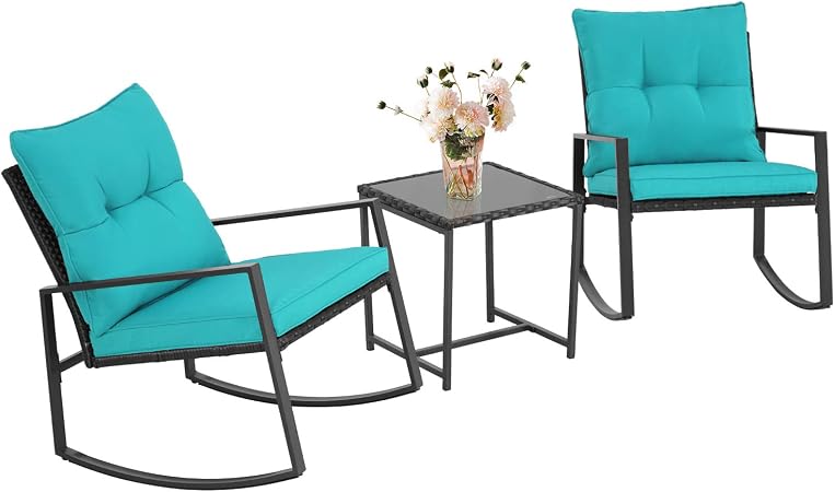 Patio Lawn Garden Bistro Sets Black Steel Patio Furniture With Red Thickened Cushion Glass Top Coffee Table Solaura 3 Piece Outdoor Rocking Chairs Bistro Set