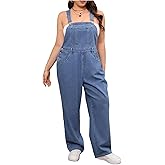 WDIRARA Women's Plus Size Denim Overall Straight Leg Jean Jumpsuit with Pockets
