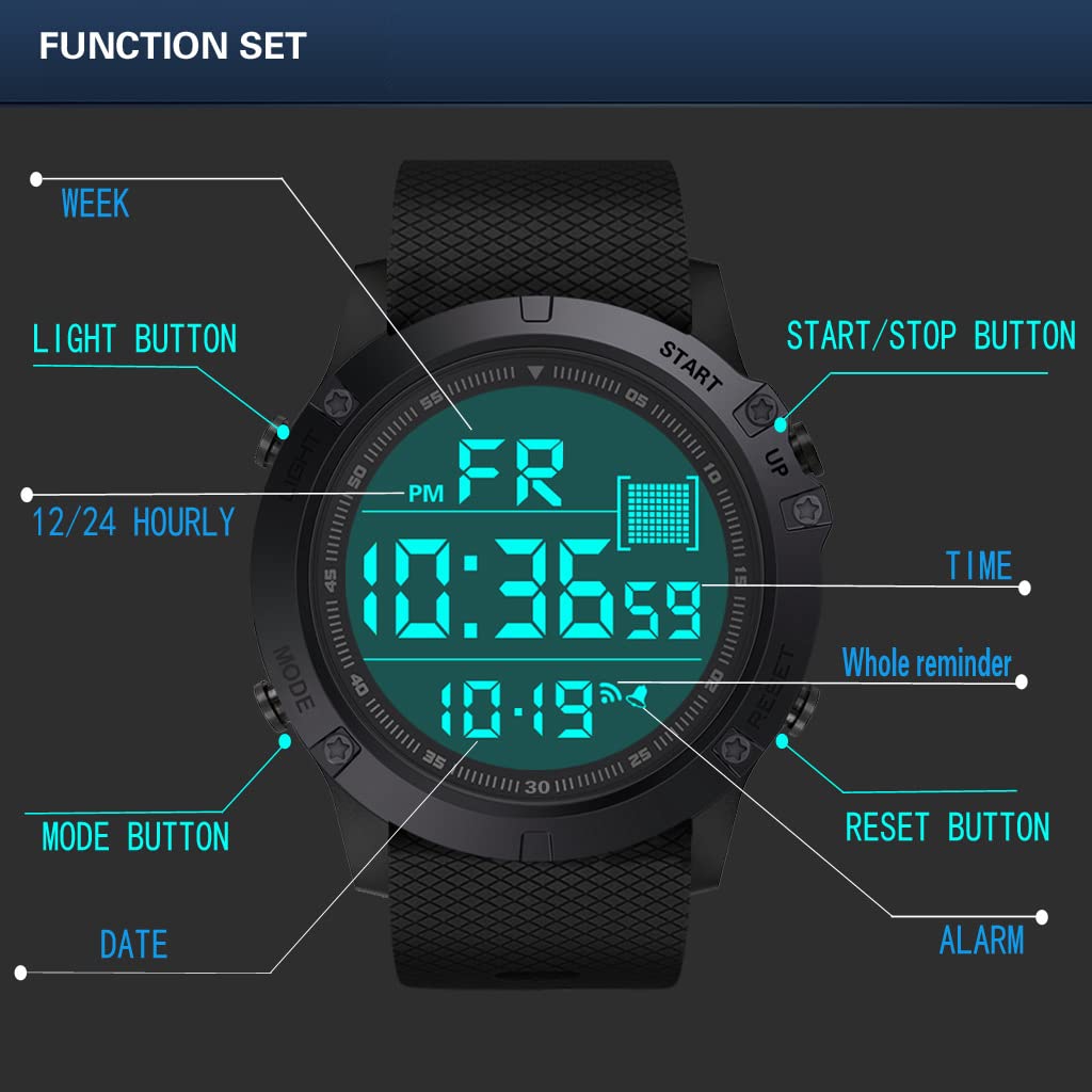 Men's Digital Sports Watch Military Electronic Waterproof Wrist Watches for Men with Stopwatch Countdown Timer Alarm Date LED Backlight
