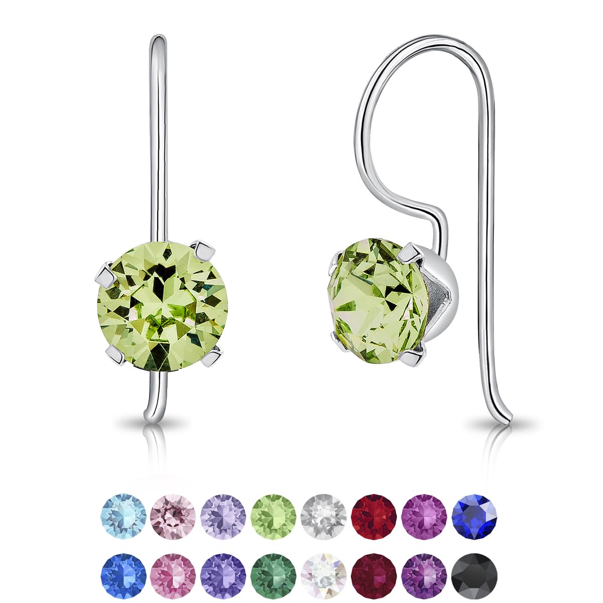 Swarovski Peridot Dangle Earrings - Silver with Hook and Crystal Light Elements - Green Stone Earrings