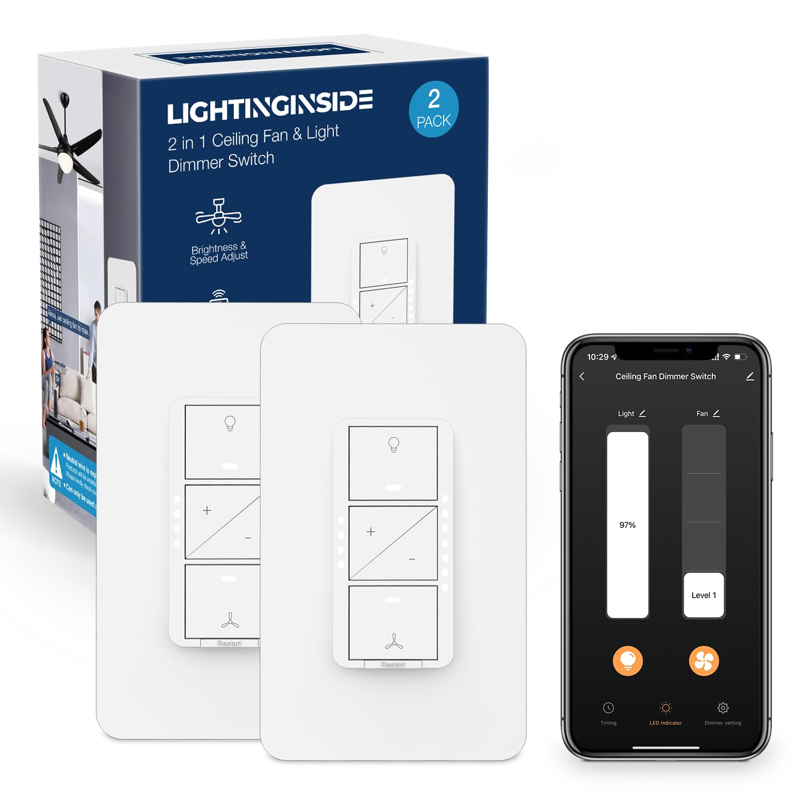 Photo 1 of Smart Ceiling Fan Control and Light Dimmer Switch, Compatible with Alexa/Google Assistant/Smart Life, Neutral Wire Required, Single Pole Fan Light Switch, 2.4G Wi-Fi only, Timer, No Hub Required, 2PCS