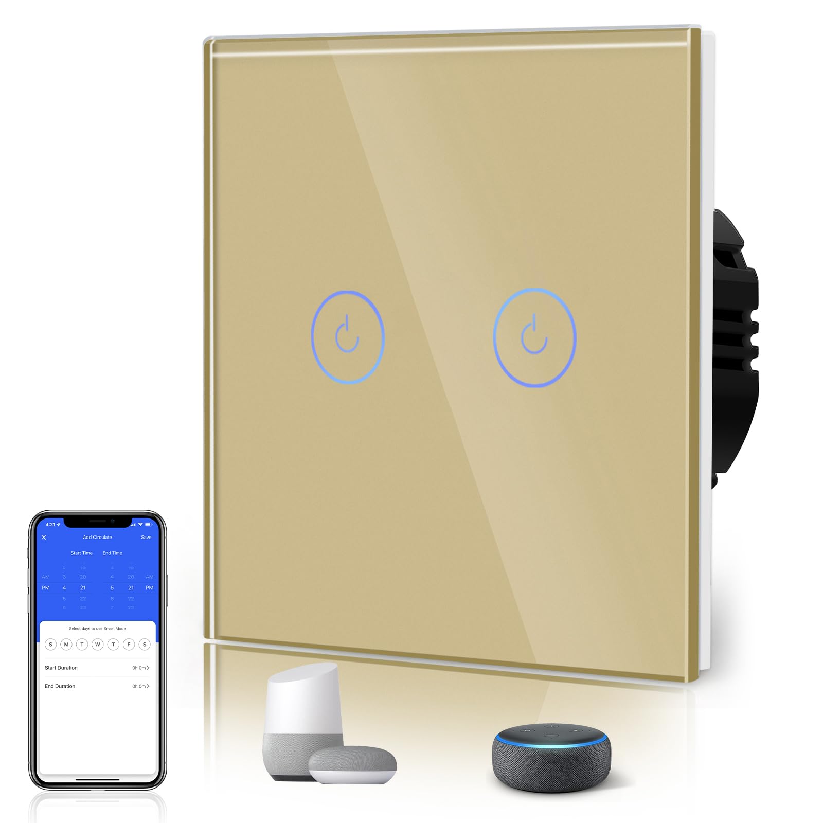 BSEED Smart Light Switch,Touch Switches for Lights,Glass Panel with Backlit,Works with Alexa & Google Assistant,Neutral Wire Required,2 Gang 1 Way,86mm Gold — image 1