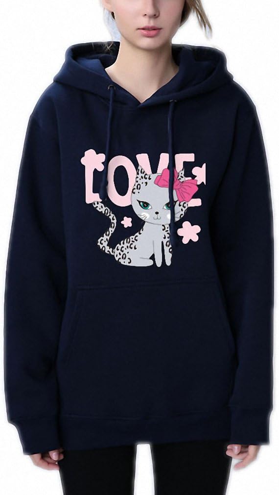 Lovely Hoodies Girls Sexy cat Sweatshirt Youth School Hoodie Autumn Winter Plus Velvet Pullover with Pocket Streetwear Hooded Navy Blue XL