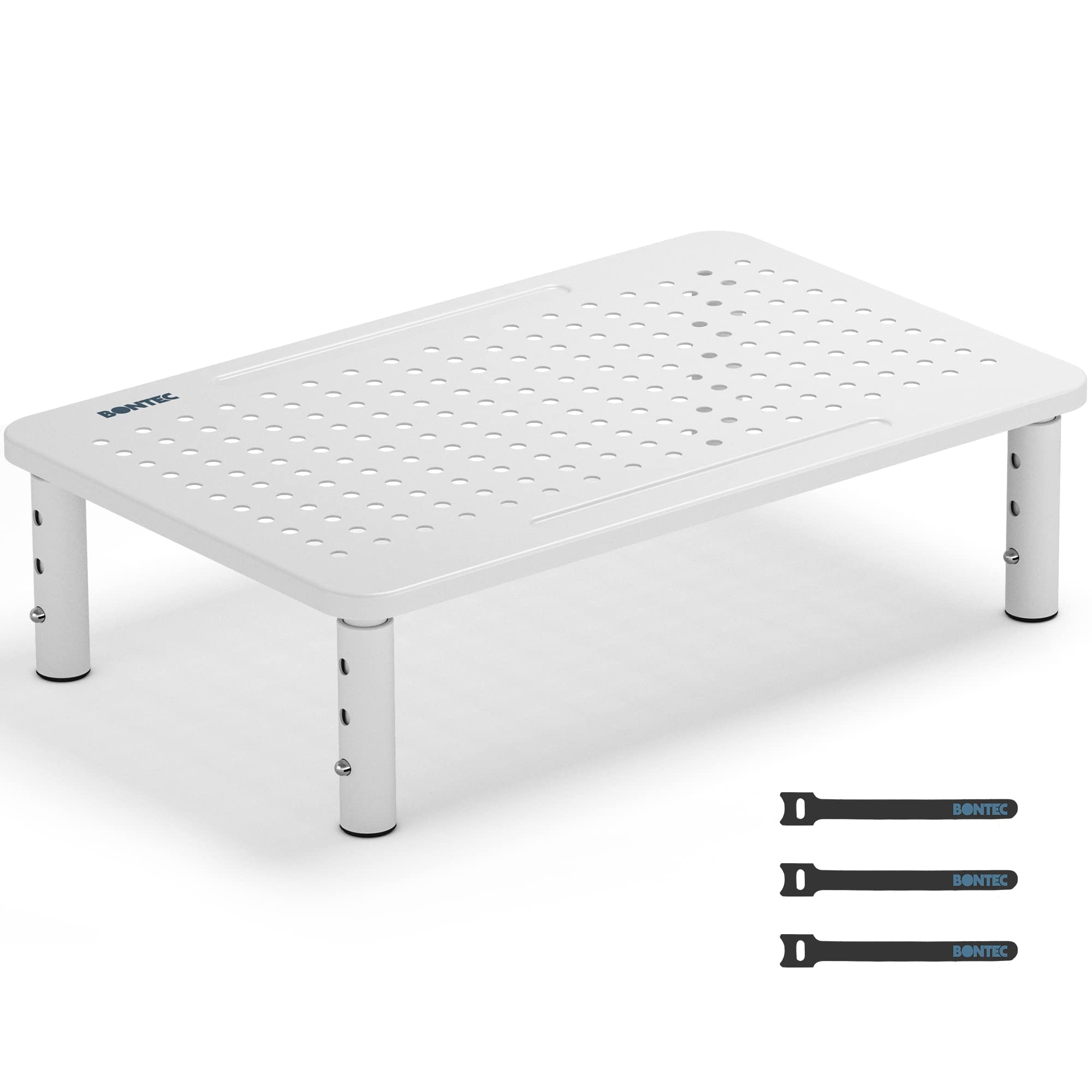 BONTEC Adjustable Monitor Riser Stand with 3 Height Levels, Ergonomic Metal Stand for Computer, Laptop, Printer, Mesh Surface for Better Airflow, Up to 20KG, Cable Management, White, Desk Accessories