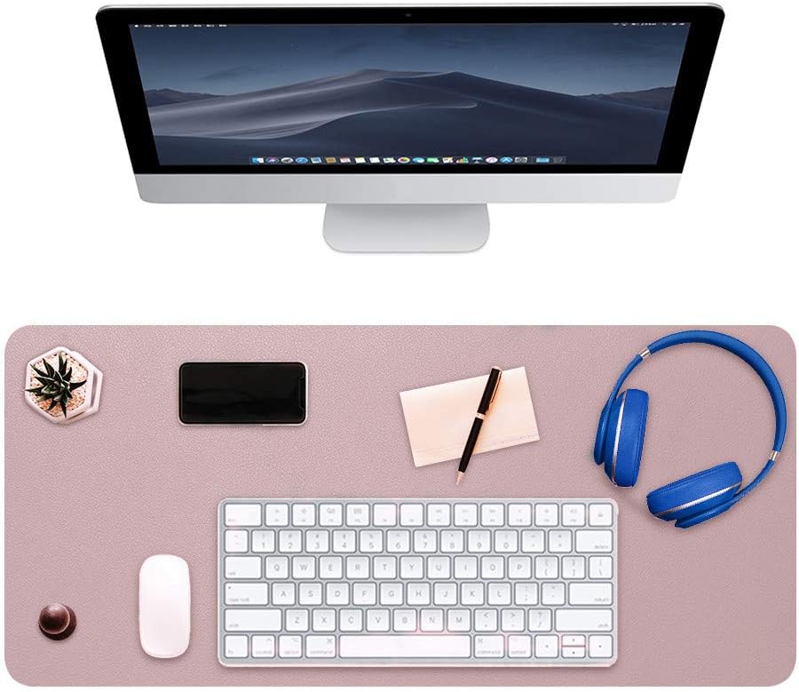 DTWNHAY Desk Pad, Office Desk Pad, 31.5 x 15.75 inches, Double Side Water Resistant Non-Slip PU Leather Desk Mat Protector for Computer, Laptop, Keyboard and Mouse (Pink + Silver)