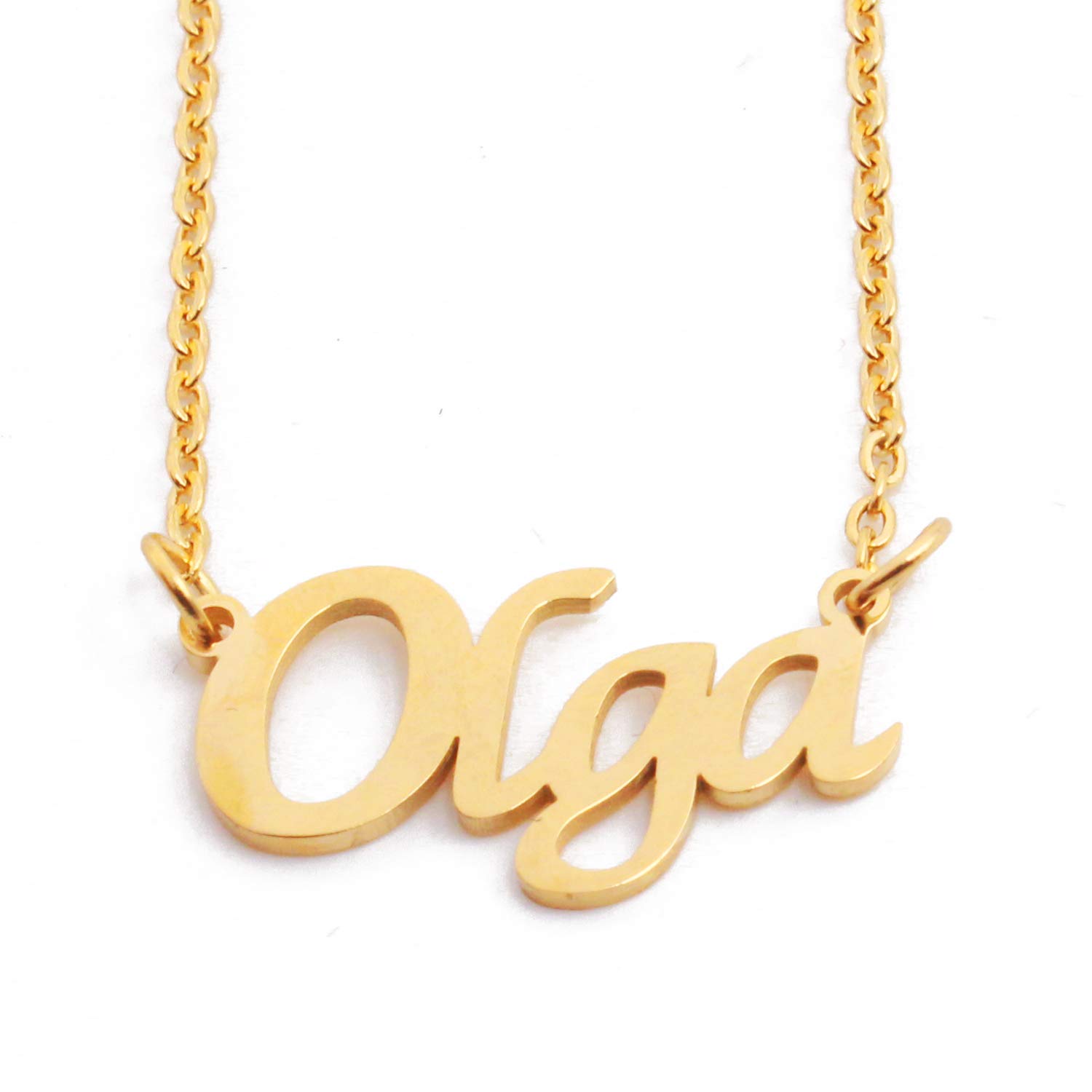 Kigu Olga Name Necklace Personalised 18ct Gold Plated, Custom Dainty Name Pendants, Jewellery for Ladies, Girlfriend, Mother, Sister, Friends Inc Bag & Box