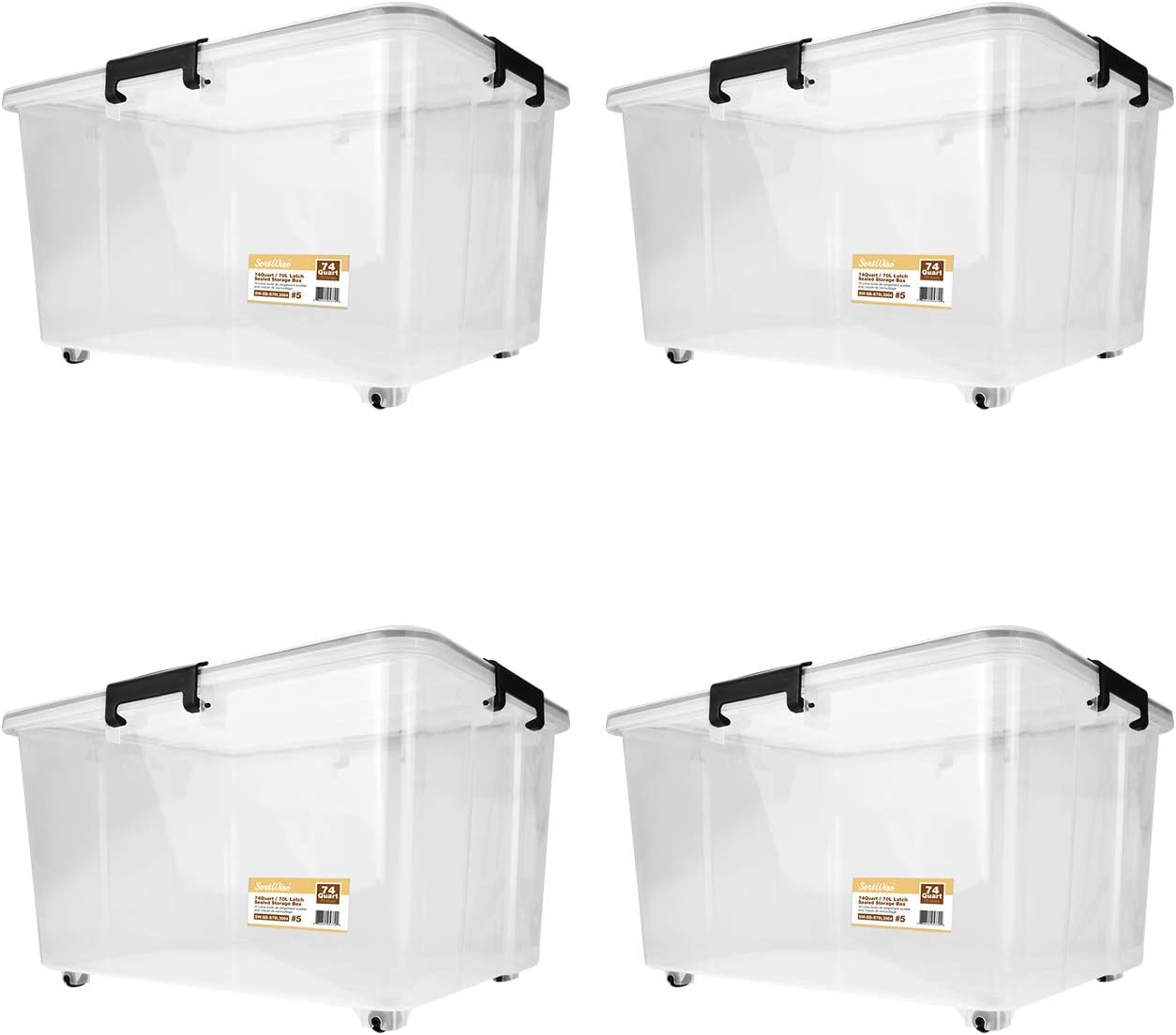 SortWise 70L/74Quart, 4Pack Plastic Ultra Latch Storage Box with Seal, Stack and Pull