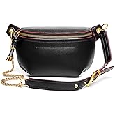 Women Chain Strap Cross-body Bags Genuine Leather Waist Bag with Zipper Closure for Daily (Black)