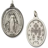 925 Sterling Silver Polished Antiqued-Finish Miraculous Virgin Mary Double Sided Oval Pendant Medal; 10mm X 17mm