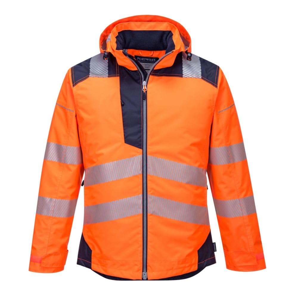 Portwest T400 Men's PW3 Lightweight Hi Vis Hooded Work Jacket Reflective Full Zip Safety Utility Quilt Lined Waterproof Workwear Orange/Black, Medium