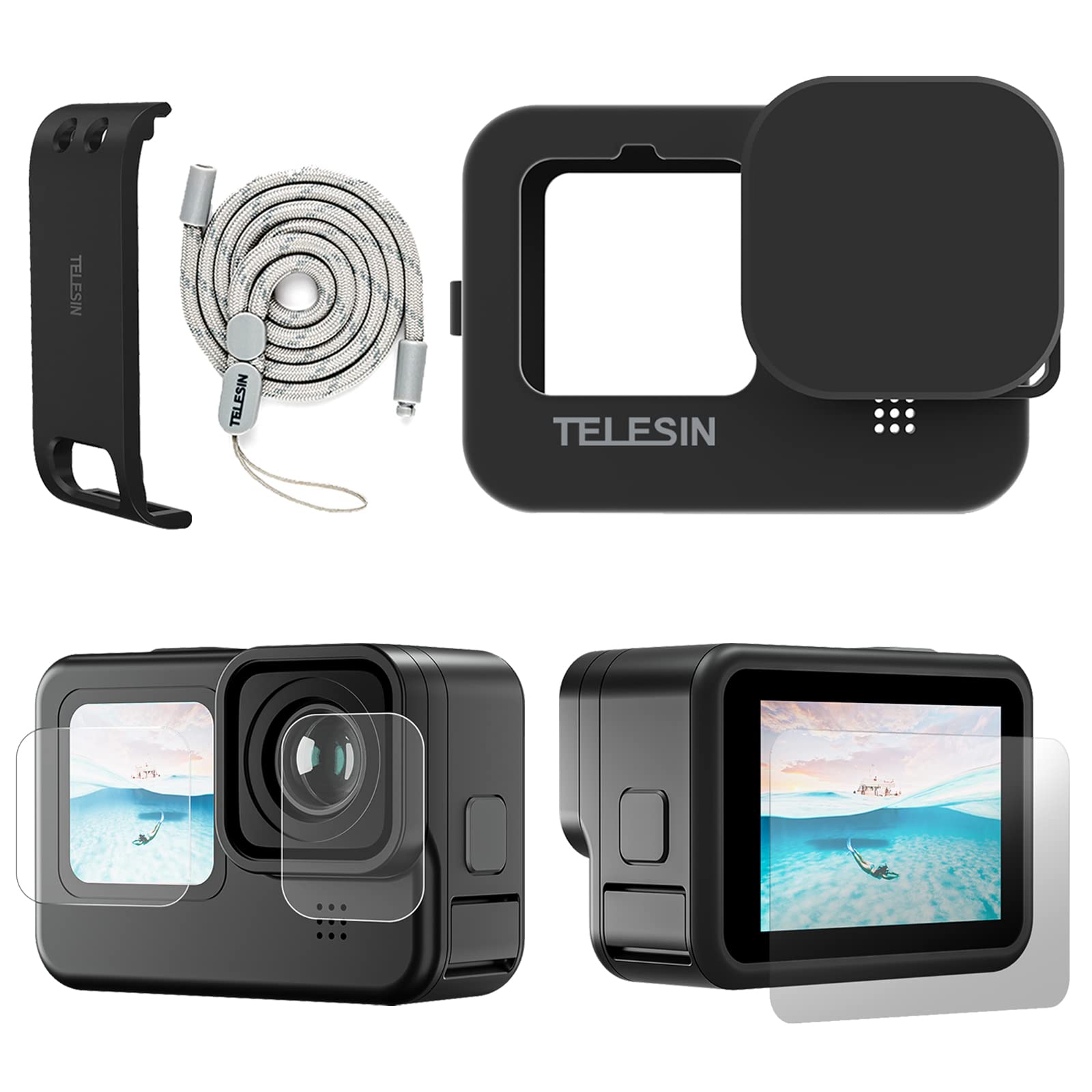 TELESIN Accessories Kit for GoPro Hero 10 9 Black Silicone Rubber Protective Case+Lens Cap+ Strap+4pcs Ultra Clear Screen Protector+2PCS Display HD Lens Protector+1PC Battery Cover for GoPro Hero 10/9