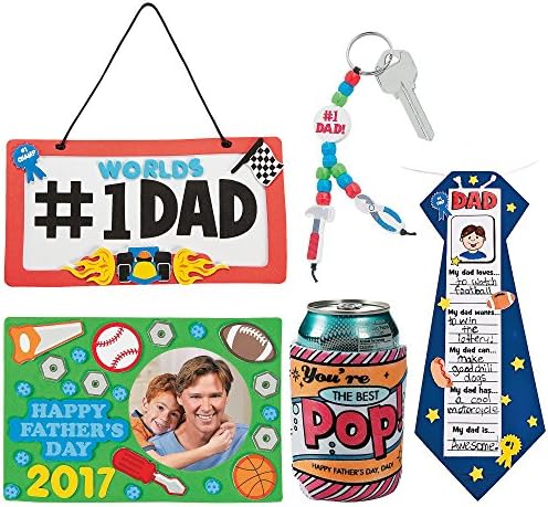 Fathers Day DIY Craft Kit; 1 Dated Picture Frame Magnet, 1 Dad License Plate Sign, 1 All About My Dad Tie Craft, 1 "Best Pop" Color Your Own Can Coolers, Beaded #1 Dad Tool Key Chain Kit | Boy Girls