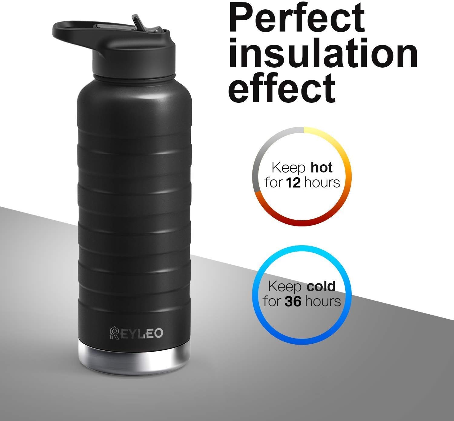 Vacuum Insulated Water Bottle, REYLEO Double Walled Stainless Steel Thermoses with Straw & 2 Lids (32oz 24oz 18oz), with Standard Mouth Keeps Liquids Hot or Cold