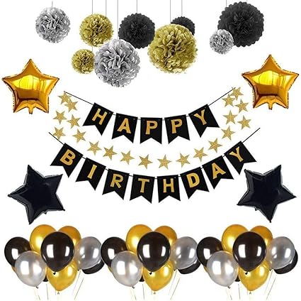 Amazon Com Black Gold Silver Birthday Party Decoration Set