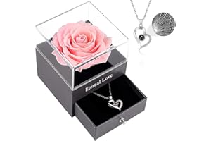 Vanleonet Preserved Real Rose with Heart Necklace I Love You in 100 Languages Gift Set, Handmade Eternal Real Rose for Valentine's Day Wedding Anniversary Birthday Gifts for Her Women