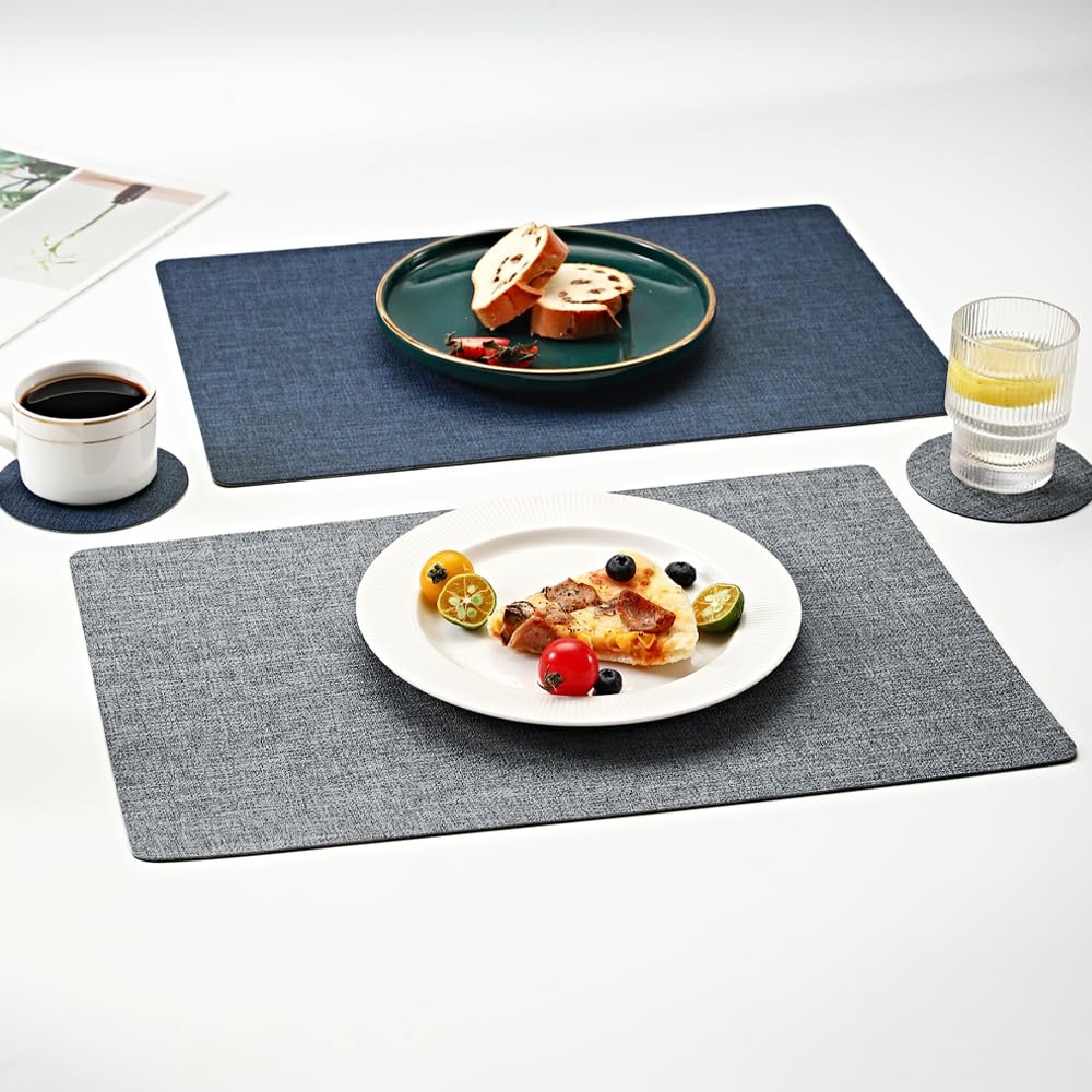 Leather Placemats and Coaster Sets 6, Large Table Mats, Waterproof & Heat Resistant Place Mats(Navy/Grey)