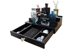 ISWABARD Wooden Cologne Organizer for Men Display Risers Countertop Organizer 3 Tier Cologne Stand with Storage Drawer Cologne Holder Cologne Shelf Great Gift Perfume Dresser Organizer (Black)