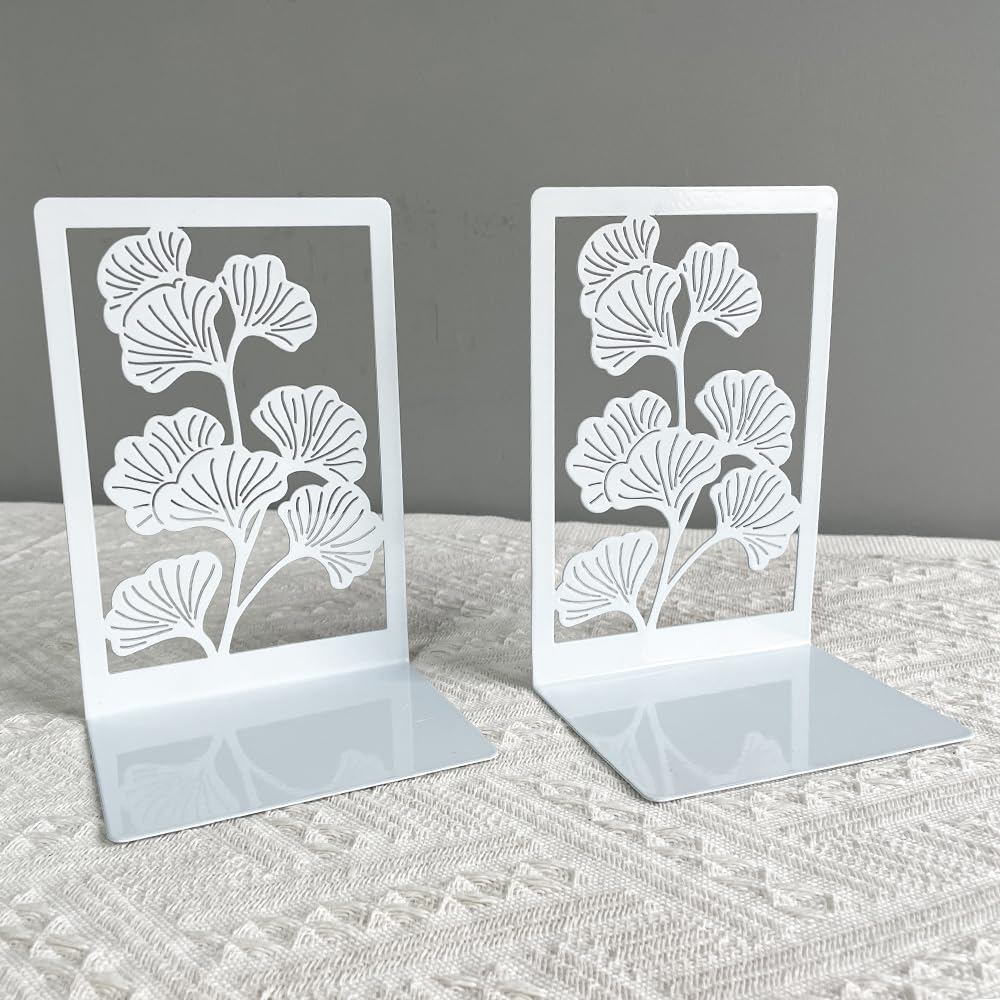 Photo 1 of 2Pcs Style Ginkgo Leaf Metal Book Ends for Book Lovers - Pair of Bring Luck Bookends Office Desktop Home Office Supplies Rack Bookshelf (B211-White)