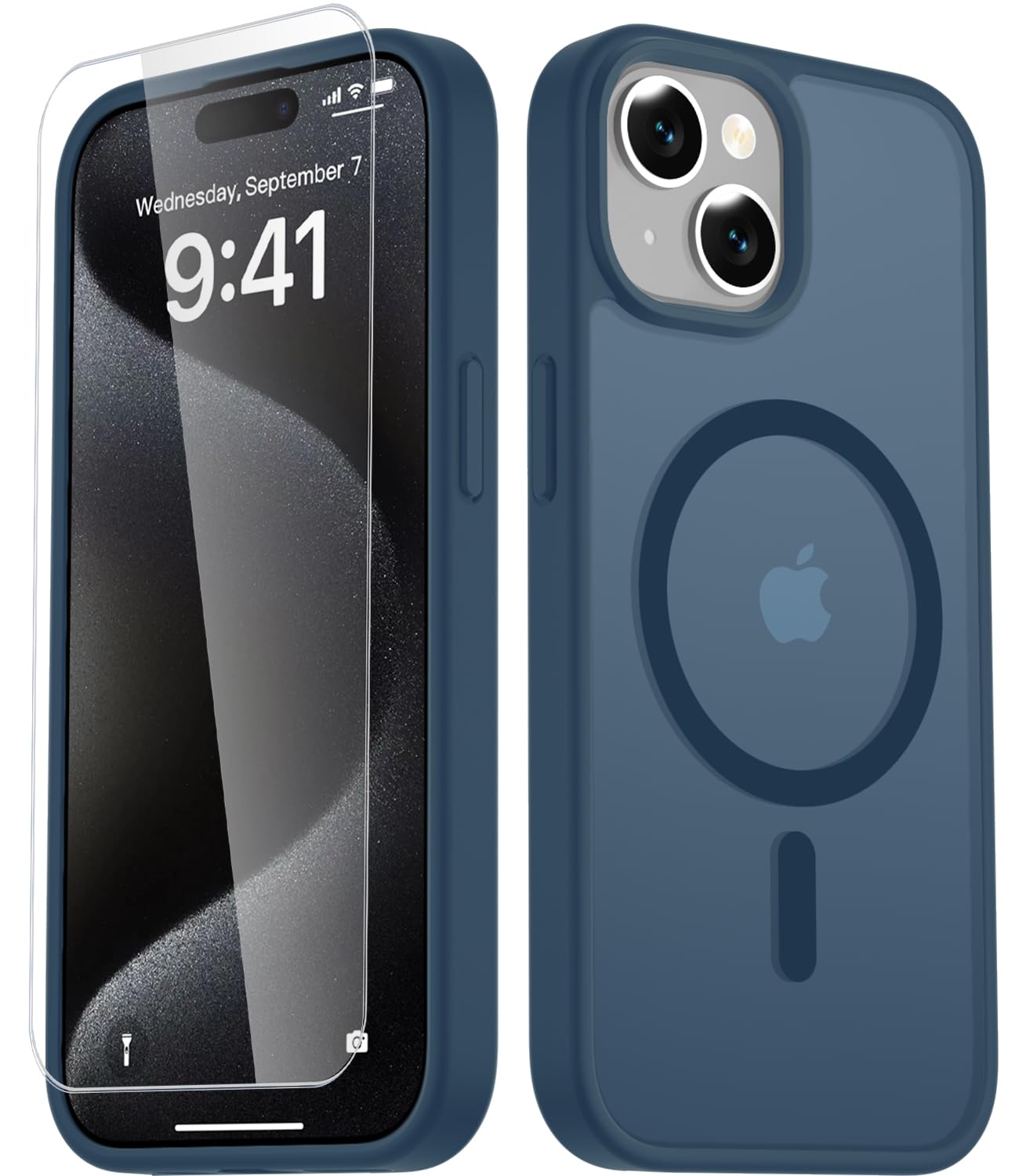 Photo 1 of LATVIN for iPhone 15 Case, Magnetic Phone Cover with 1 Screen Protector, Compatible with MagSafe, Military Grade Protection, Translucent Matte Frosted Back, Navy Blue