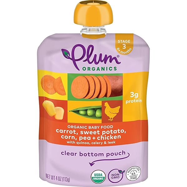 PLUM ORGANICS STAGE 3 ORGANIC BABY FOOD – CARROT, SWEET POTATO, CORN, PEA, AND CHICKEN – 4 OZ POUCH – ORGANIC BABY FOOD POUCH