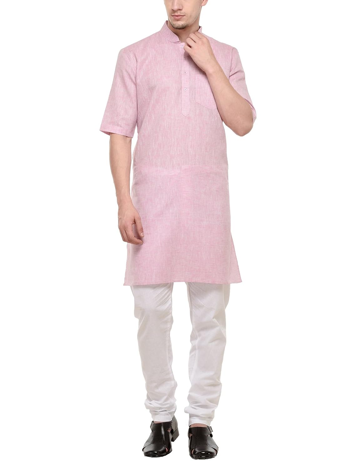rg designers 3/4 sleeves pink & white modi kurta & pyjama set for men
