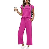 WIHOLL Two Piece Sets for Women Summer Travel Vacation Outfits Cap Sleeve Lounge Matching Sets Wide Leg Pants S-3XL