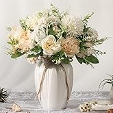 JARELING Peonies Artificial Flowers in Vase, Fake Hydrangea Silk Peony Flower Bouquet with Vase Faux Flowers Arrangement Decor Home Table Dining Room (White)