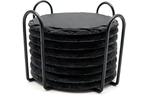 8 Pack Slate Stone Coasters, VIBRATITE 4 inch Round Drink Coasters Set with Holder for Bar Kitchen Home Decor, Black Natural 