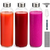 Zukro Glass Water Bottles with Lids 32 oz, 3 Pack Reusable Large Juice Bottles With Stainless Steel Airtight Cap for Juicing, Leak Proof Clear Drinking Jar Beverage storage container, BPA Free