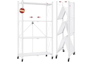 DEANIC 4-Shelf Foldable Storage Shelves with Wheels,No Assembly Bookshelf, Metal Shelving Units Storage for Garage,Kitchen,Li
