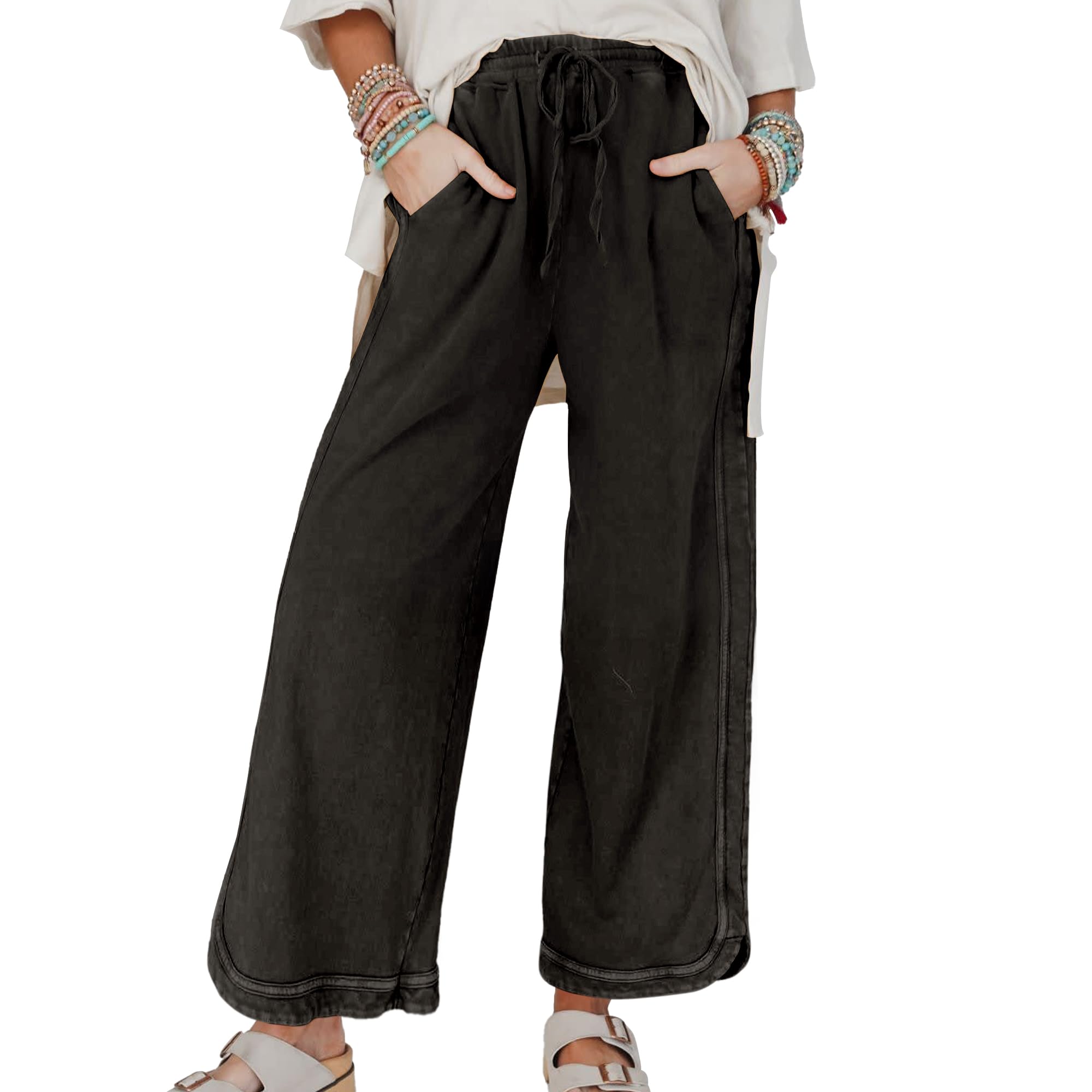 Photo 1 of Hixiaohe Women's Casual Wide Leg Sweatpants High Waist Baggy Acid Wash Pants Drawstring Athletic Palazzo Pants with Pockets(Black,XL)