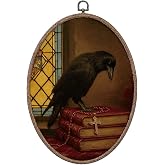 LMMHIOPI Dark Academia Raven Oval Wall Art, Gothic Bird Canvas Print, Vintage Library Style Decor for Study Living Room, 8.5x11.5 Inch