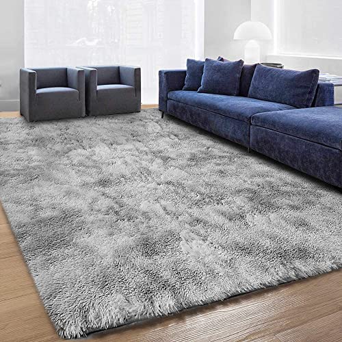 ASIinnsy Living Room Rug, Long Hair, Shaggy Modern Room Carpets, Large, Grey, Non-Slip, Soft, for Bedroom, Dining Room, Plush Rug (200 x 250 cm, Grey White)