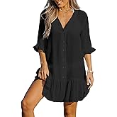 CUPSHE Women's V Neck Ruffled Cover Up Button Down Bathing Suit Beach Dress with Short Sleeves