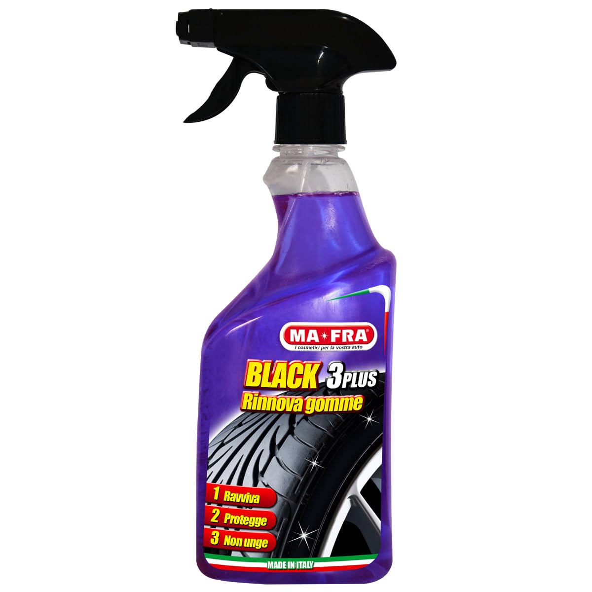 Ma-Fra, Black 3Plus, Tyre Restorer and Polish Spray, Car Wheel Protector, Non-Greasy, does not Leave Smears, 500ml