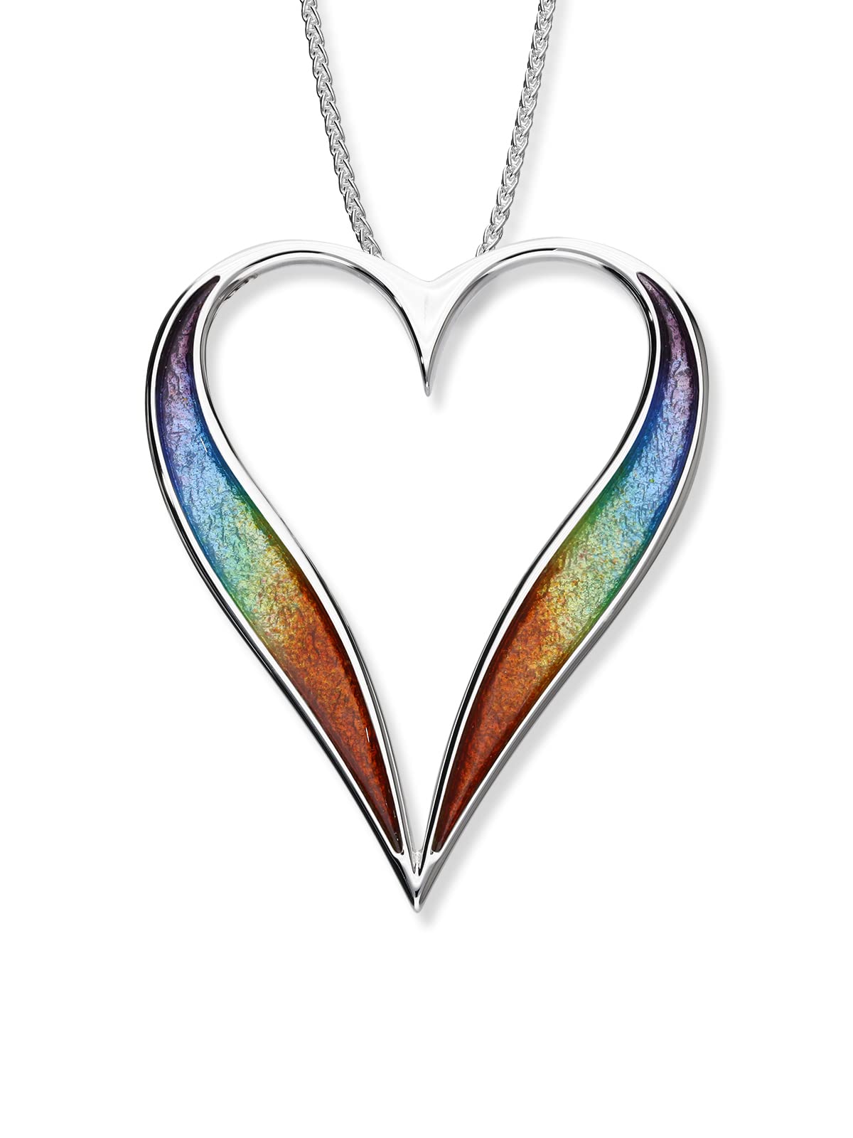ORTAK 925 Sterling Silver Handmade Pendant Necklace Hot Glass Hand Enamel In Rainbow Colourways Heart Shaped High Polish Scottish Fine Jewellery Made In Scotland