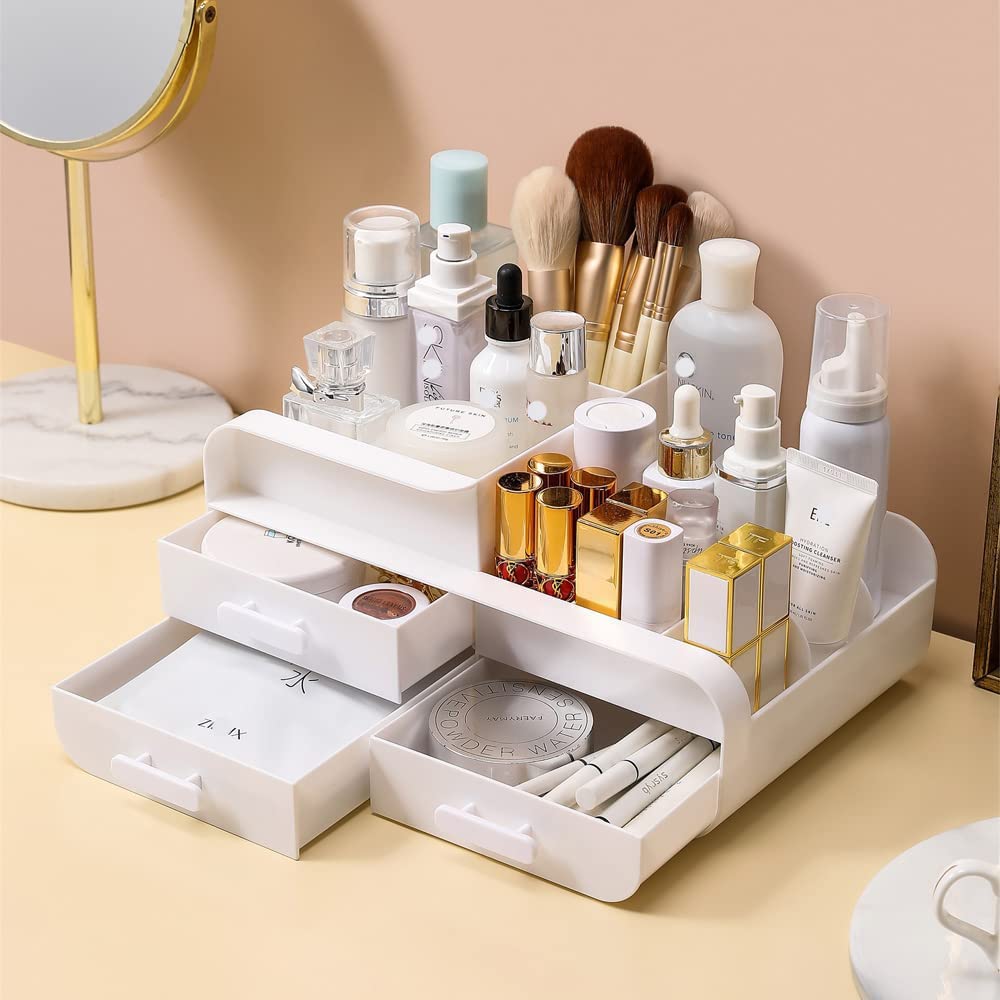 Queta Make-up-Organizer Cosmetic Storage Box Fits Jewelry, Brushes, Lipsticks, Creams, Stationries, with Capacity 9 Grids and 3 Drawers