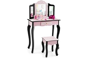 HONEY JOY Kids Vanity, Princess Makeup Vanity Set for Little Girls, Real Glass Tri-Folding Mirror, Bedroom Dressing Table & Chair Set, Wooden Girls Vanity Set w/Mirror and Stool, Pink Leopard Print