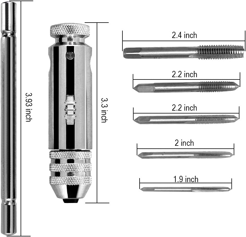 Kulannder T-Handle Ratchet Tap Holder Wrench Adjustable T Type One-Hand Ratchet Wrench Tapping Threading Tool Set including 3mm 4mm 5mm 6mm 8mm M3-M8 Machine Screw Thread HSS Metric Plug Tap - Image 4
