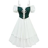 DRESSFO Renaissance Costume Women Peasant Medieval Flower Lace Up Panel Puff Sleeve Fairy Dress