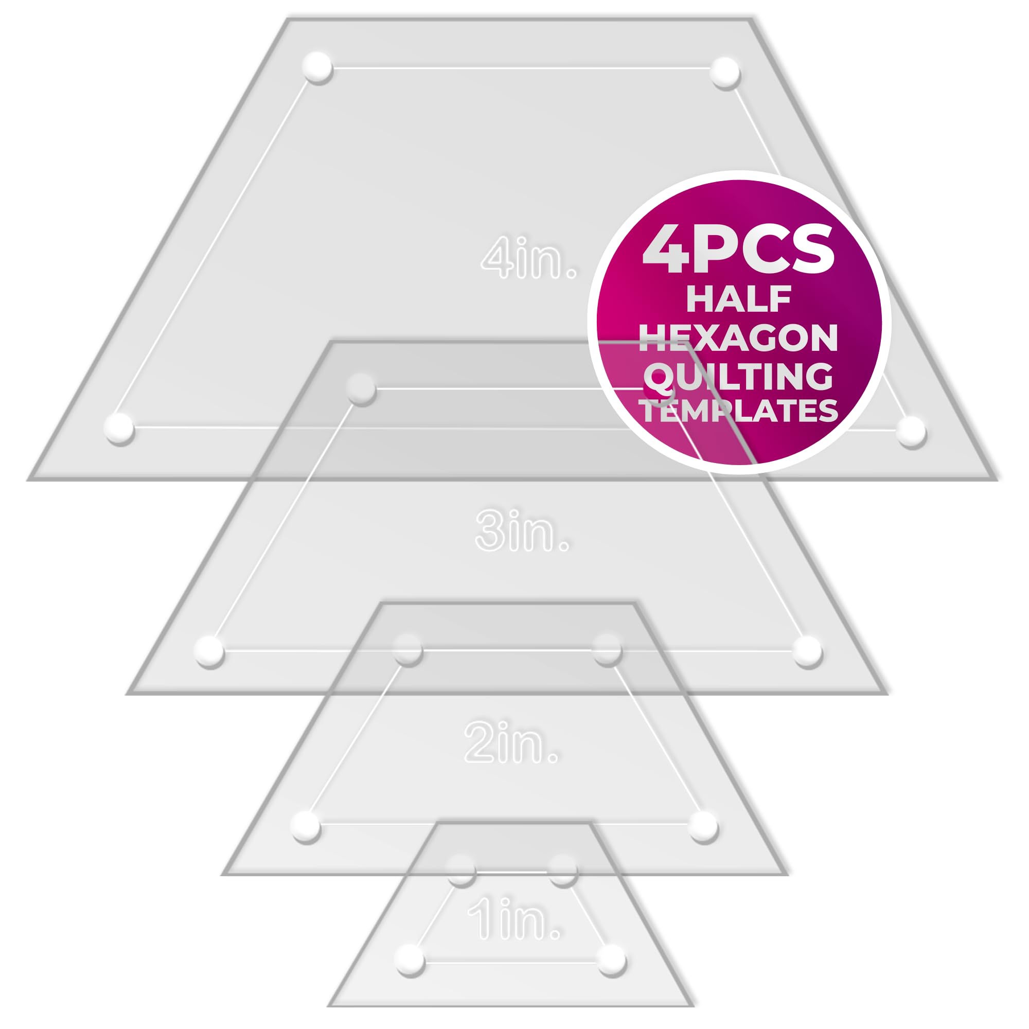 LaserThing Quilting Acrylic Template Set | Precision Tools for Quilting Enthusiasts | Half Hexagon Design | Includes Sizes 4", 3", 2", 1" | 1/8 Clear Acrylic | 1/4" Seam Allowance for Accuracy