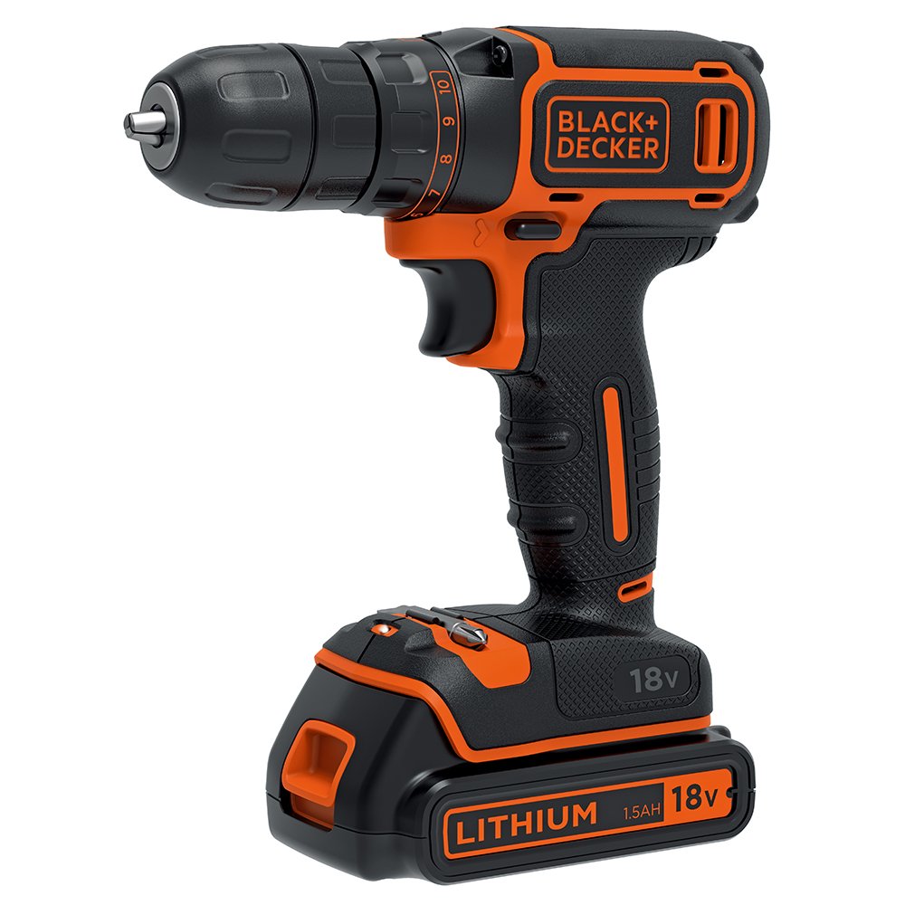 BLACK+DECKER 18 V Cordless Drill Driver with 1.5Ah Lithium Ion Battery ,Black/Orange,BDCDC18-GB
