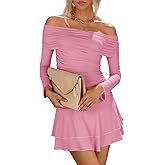 Cicy Bell Womens Off The Shoulder Mini Dresses Going Out Long Sleeve Ruched Bodycon Dress Ruffle Cocktail Party Club Outfits