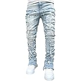 Giraropa Mens Black Stacked Jeans Slim Fit Ripped Jeans Destroyed Straight Denim Pants Harajuku Hip Hop Trouser Streetwear