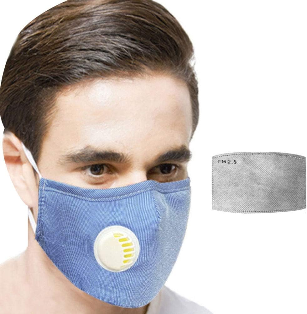 Van Caro Reusable Breathing Valve Mask,5-Layer Filter Insert,Cotton Protective Dust Mask,PM2.5 Air Filter Safety Mask(1Pcs Blue Mask + 1Pcs Filter)