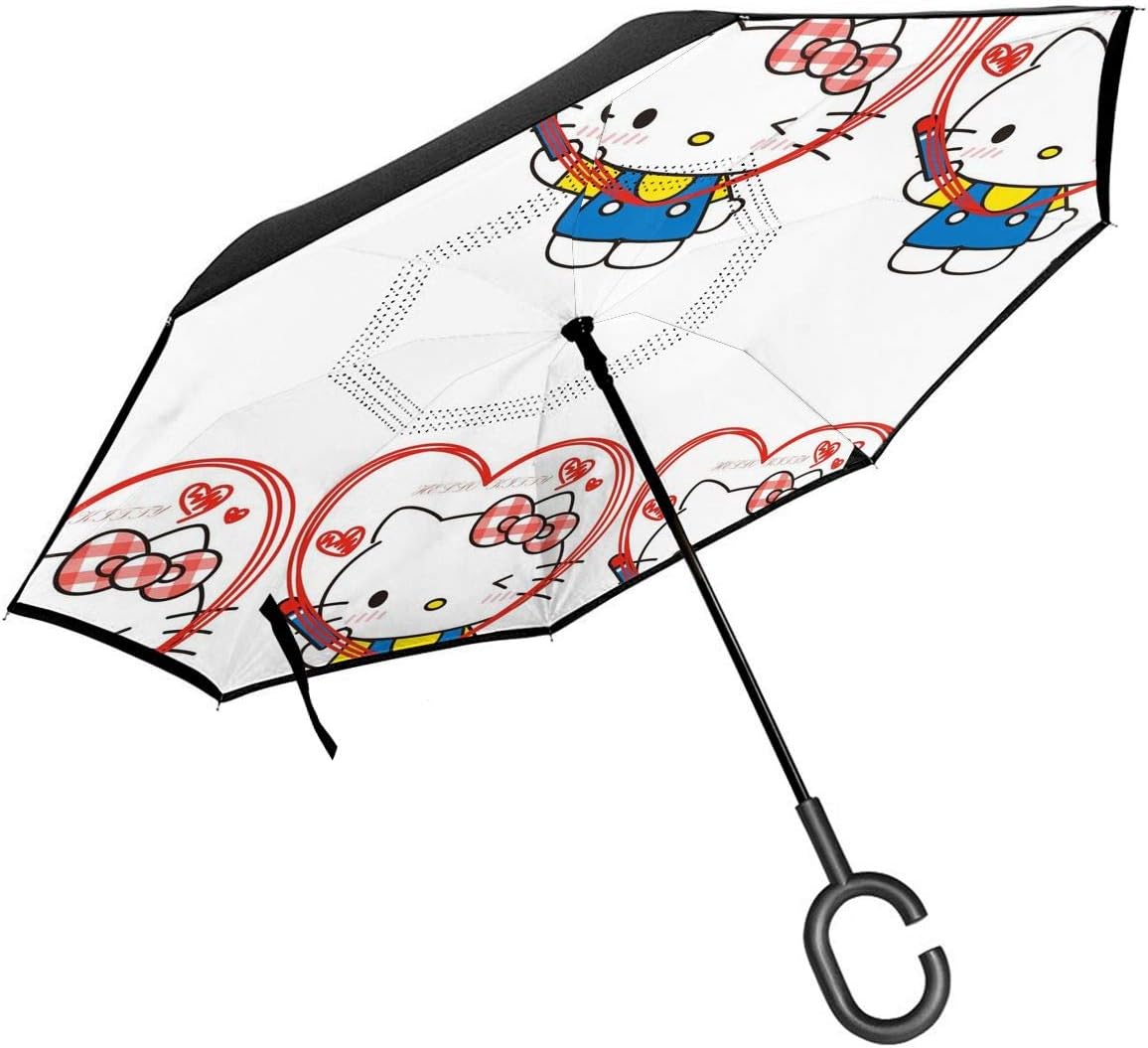 Double Layer Inverted Umbrella With C-Shaped Handle - Hello Kitty Reverse Windproof Umbrella UV Protection Upside Down Umbrella